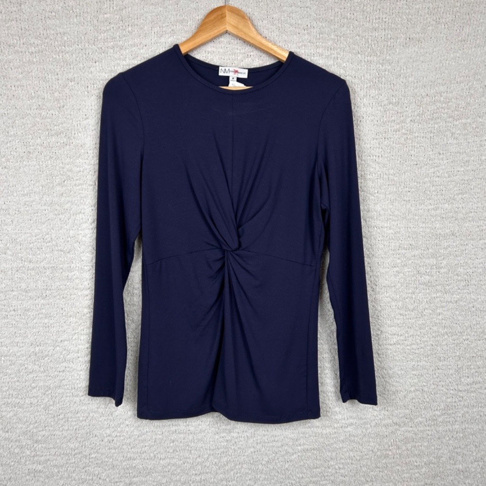 Neiman Marcus Twist Front Long Sleeve Crew Neck Top Womens Medium‎ Navy Blue NWT